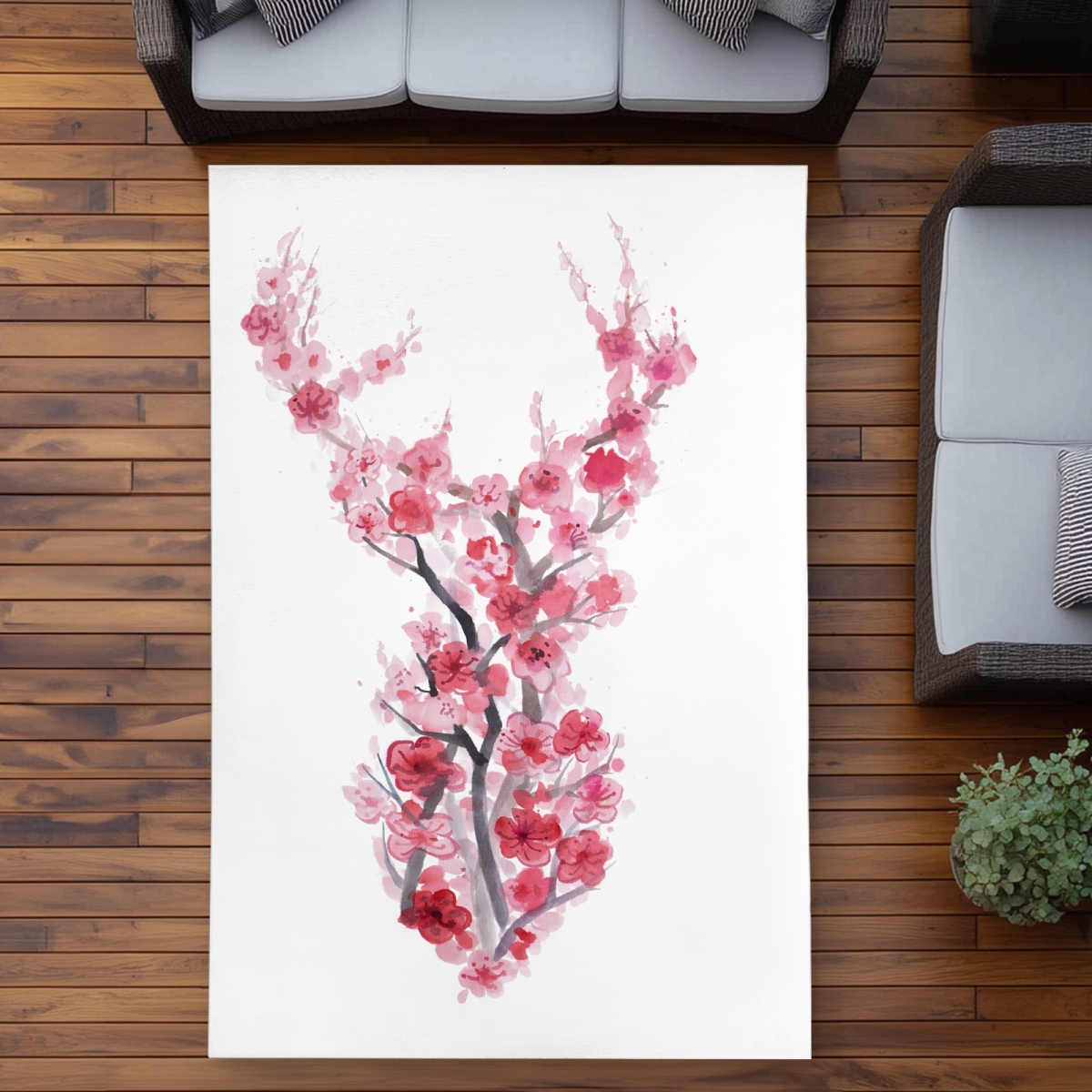 C1ROAR57O9E8UI 5 x 7 ft. Deer in Cherry Blossoms - Pink Outdoor Area Rug for Home Decor - Rectangle