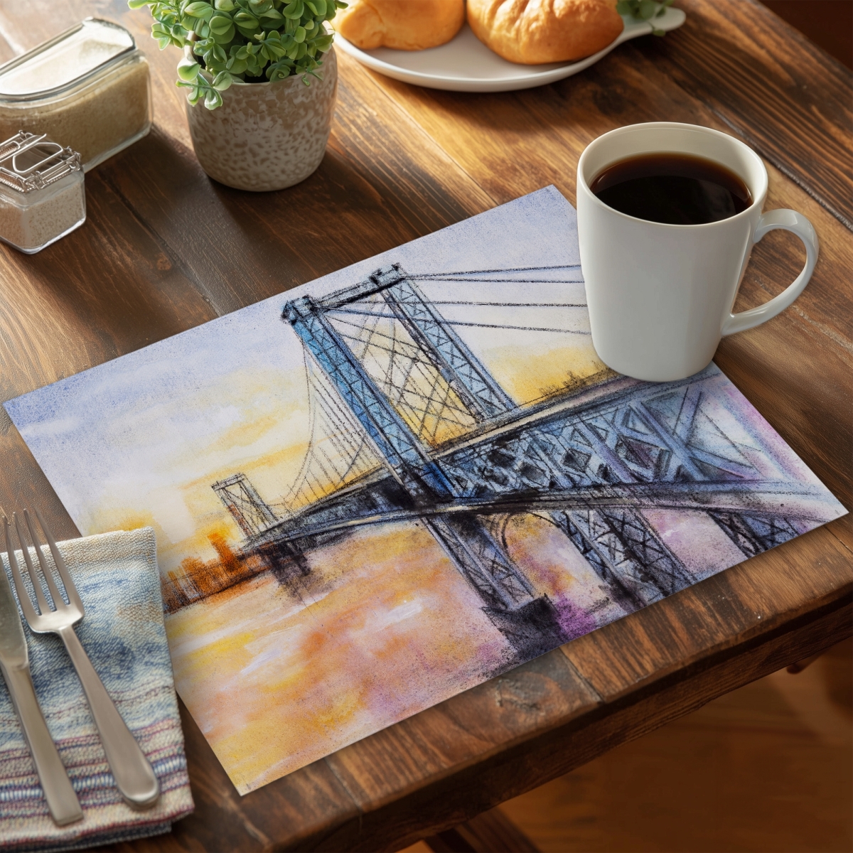 Picture of Begin Home Decor C6PP1418FKA4NX 14 x 18 in. Abstract Brooklyn Bridge Polyester Placemat for Home Decor - Set of 6