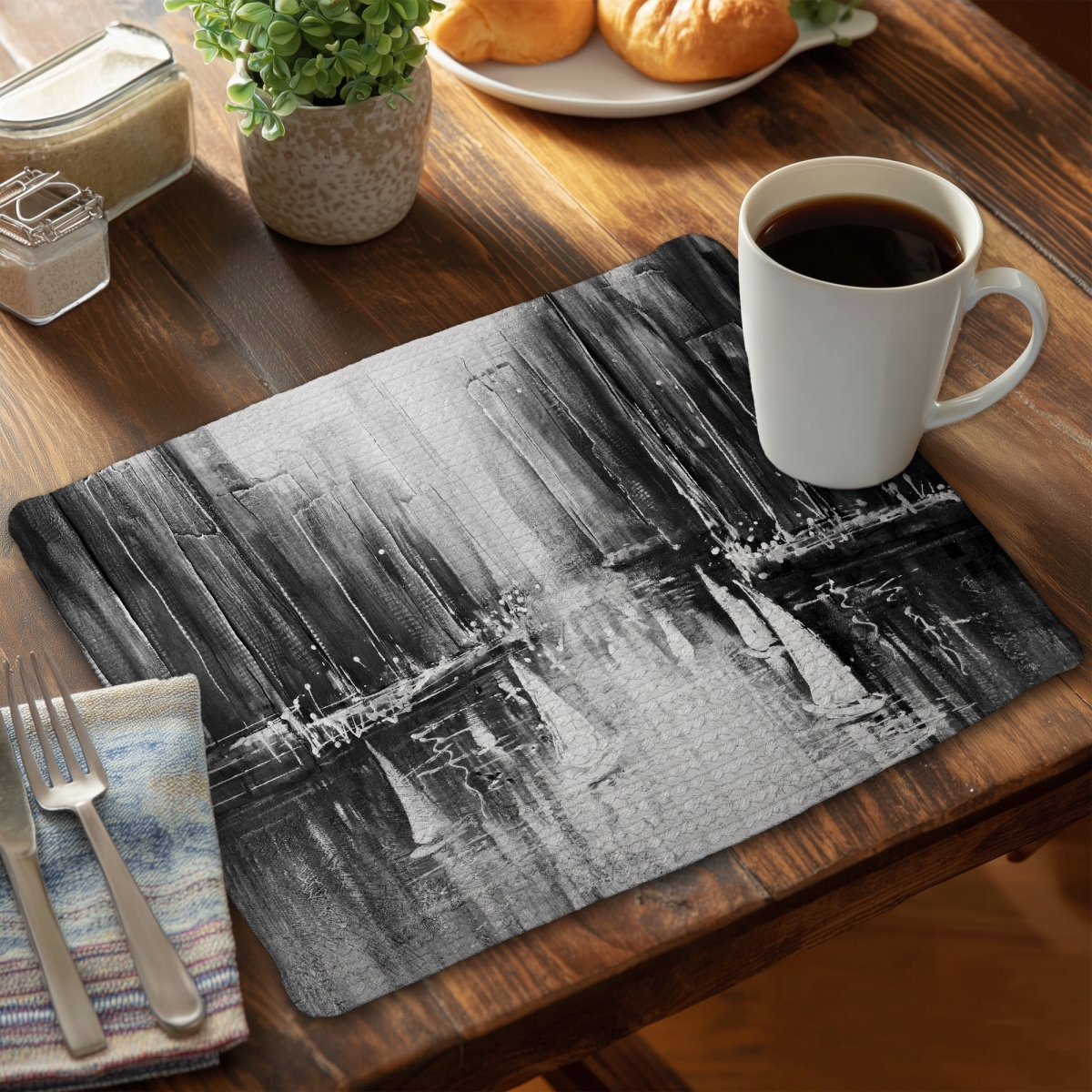 Picture of Begin Home Decor C6BP141875M8KS 14 x 18 in. Grayscale Boats on the Water Braided Polyester Placemat - Home Decor - Set of 6