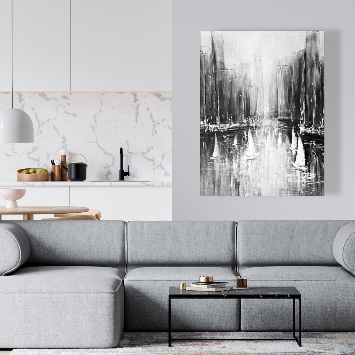 C1RC3648SN1IUD 36 x 48 in. Grayscale Boats on the Water - Black Bedroom Canvas Decor
