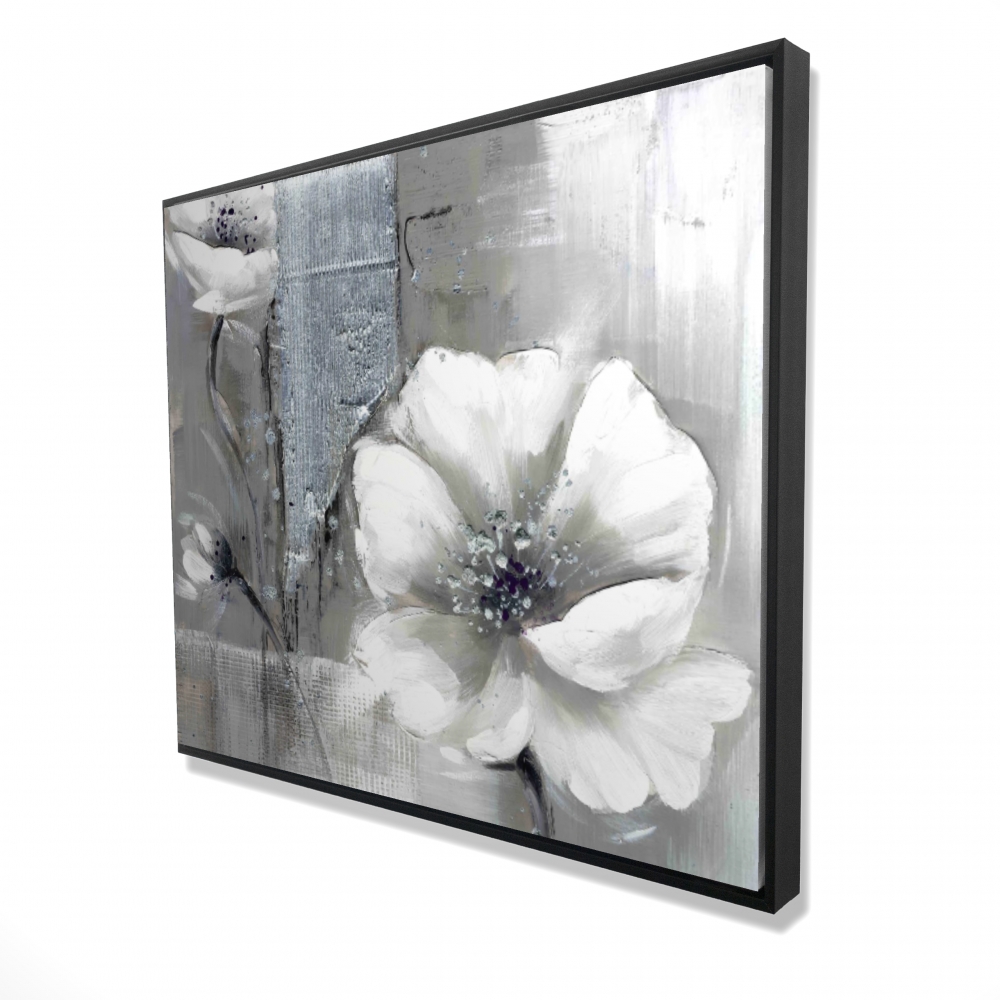 2081-4860-FL37 48 x 60 in. Monochrome & Silver Flowers - Gray Modern Framed Canvas Decor