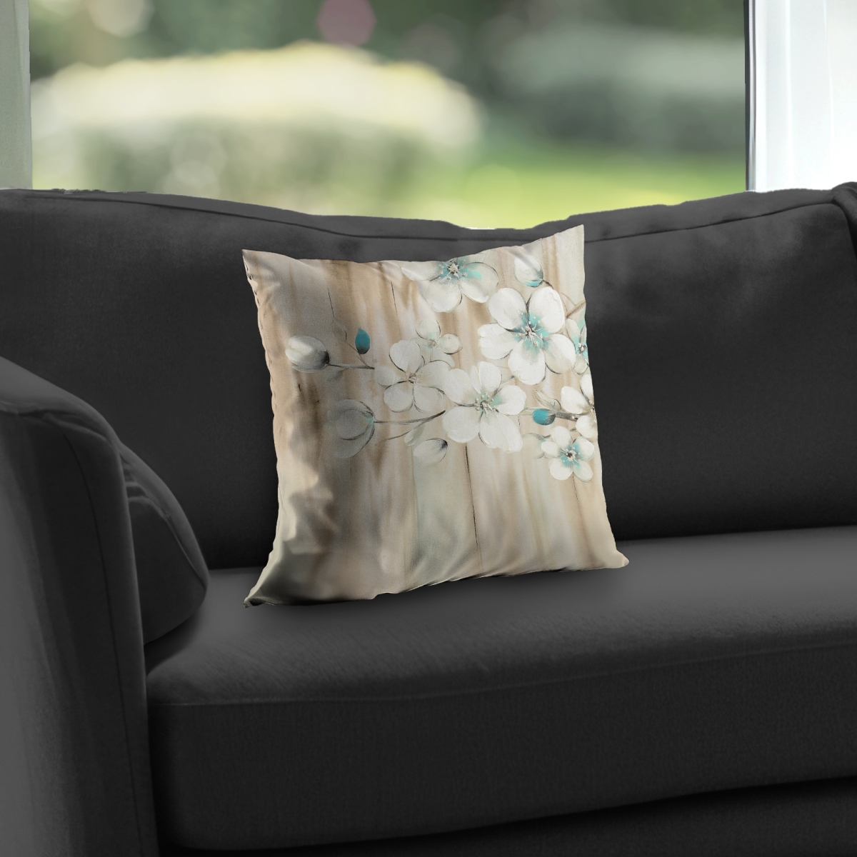 C1PC1414Z2ANGP 14 x 14 in. White Flowers on Wood - Turquoise Botanical Throw for Home Decor