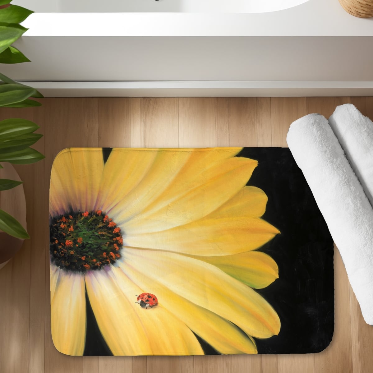 C1BM17246BWPP8 17 x 24 in. Yellow Daisy & Ladybug Botanical Bath Mat - Home Decor