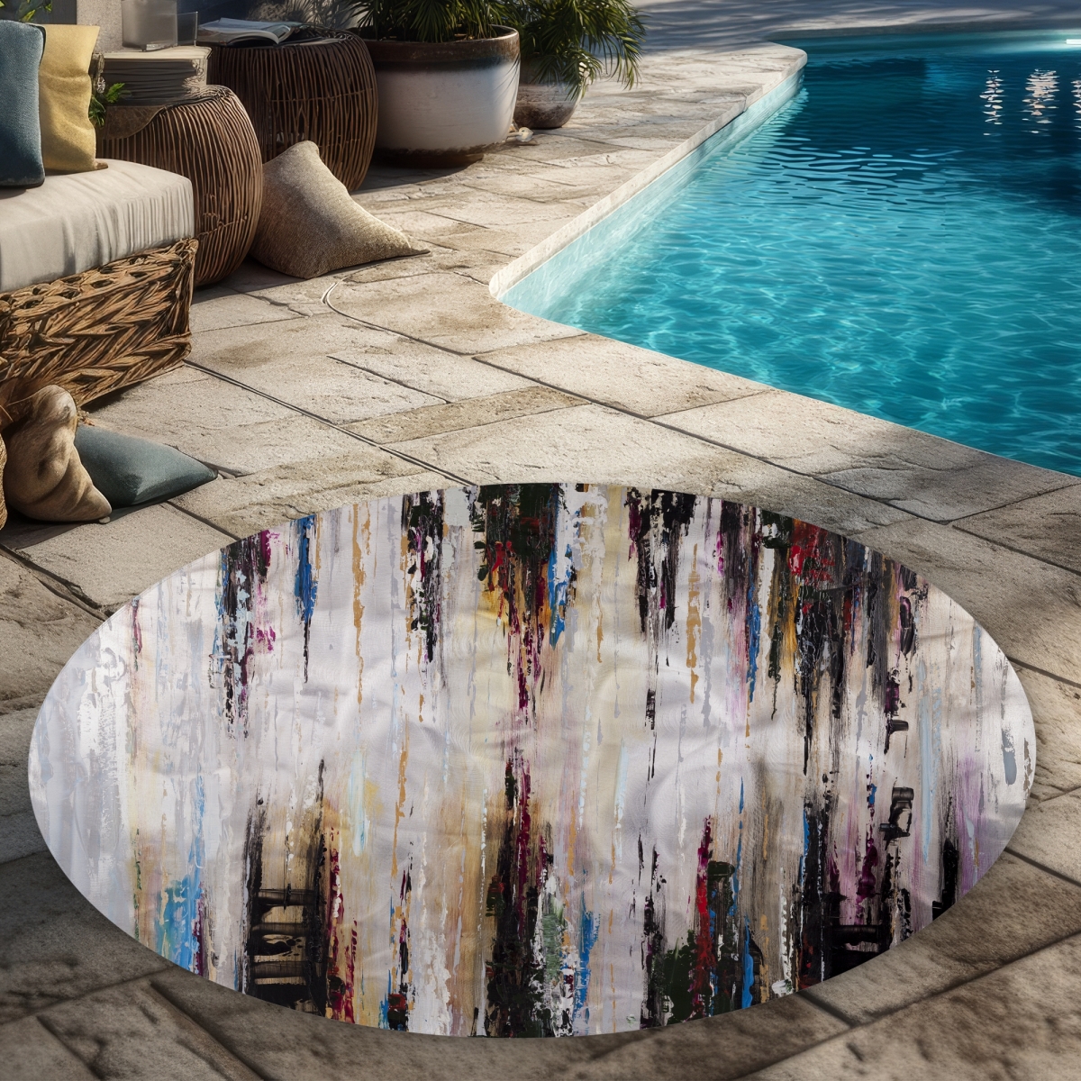 C1COAR55VDC2WR 5 x 5 ft. Abstract Runny Paint Rug - Modern Round Outdoor Decor