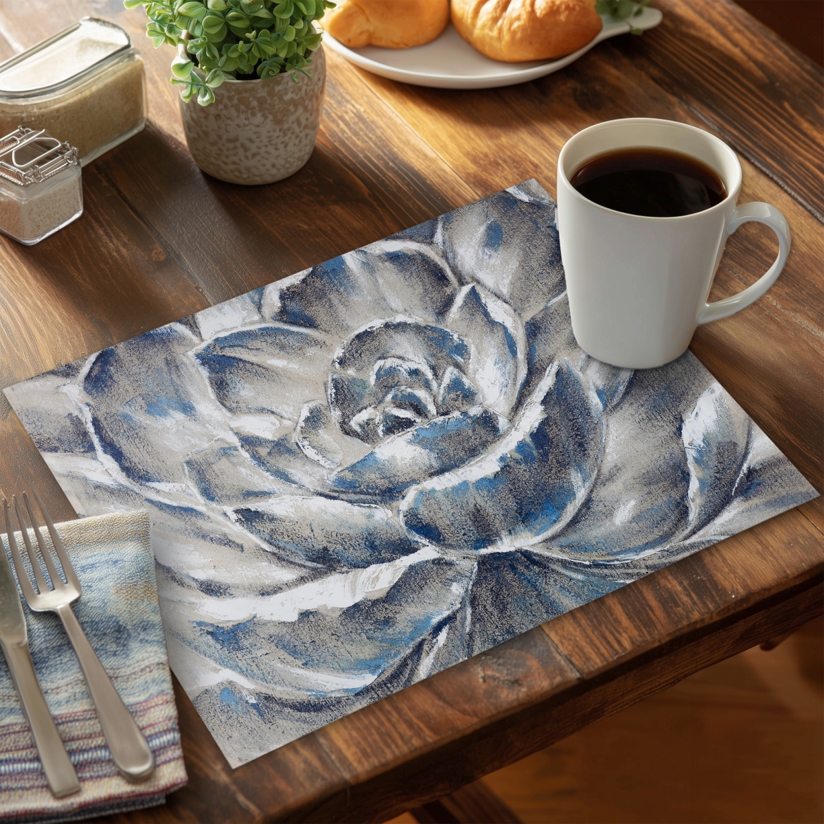 Picture of Begin Home Decor C4PP1418Q8Z03Y 14 x 18 in. Gray & Blue Flower Polyester Placemat - Home Decor Accent - Set of 4