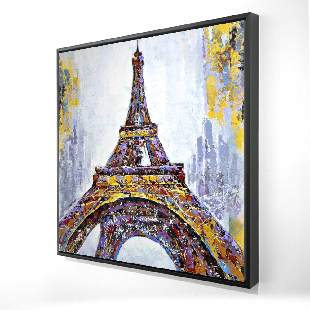 2081-3636-CI46 36 x 36 in. Abstract Paint Splash Eiffel Tower - Purple Framed Canvas Art