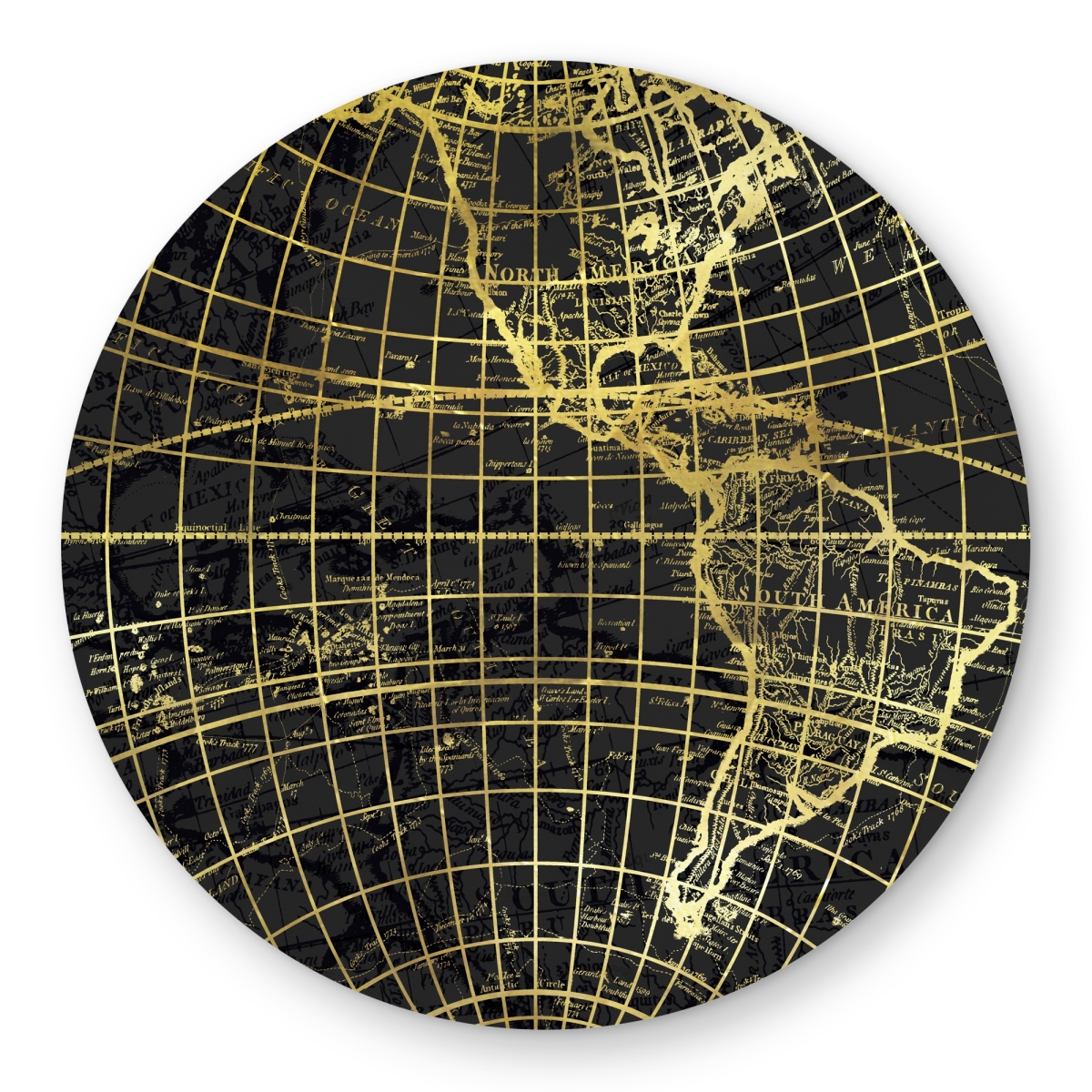C1COAR55V9ZZ34 5 x 5 ft. Black & Marine World Map Globe - Modern Gold Round Rug