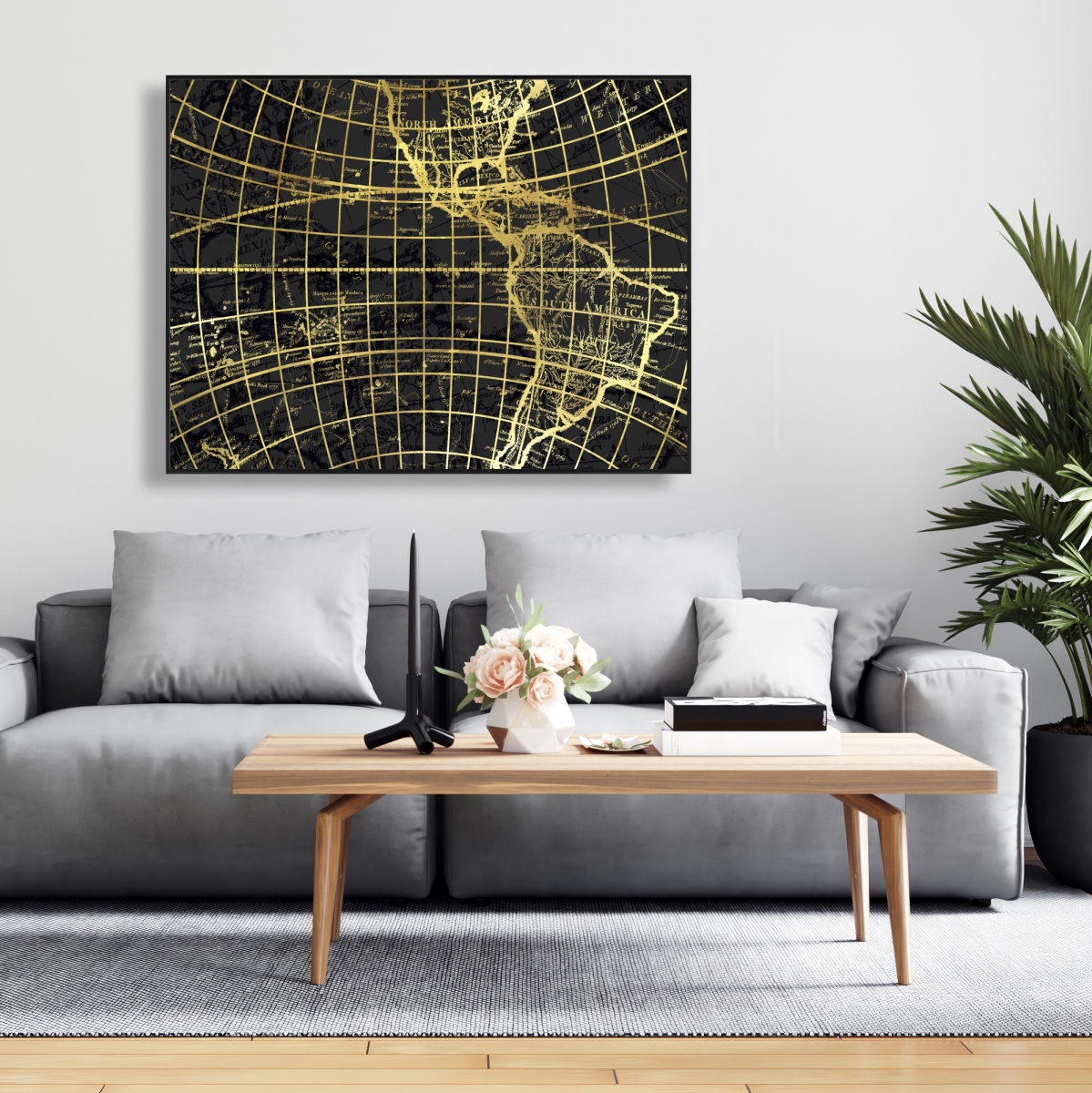 C1FC36485G8Q2P 36 x 48 in. Black & Marine World Map Globe Canvas - Living Room Decor