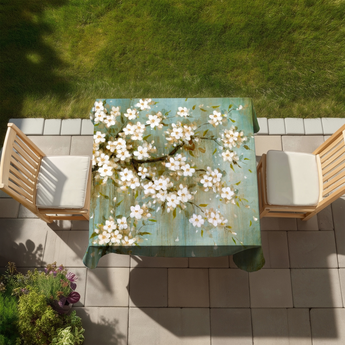 Picture of Begin Home Decor C1TC5858CU49OP 58 x 58 in. White Cherry Blossom Tablecloth - Botanical Turquoise Decor