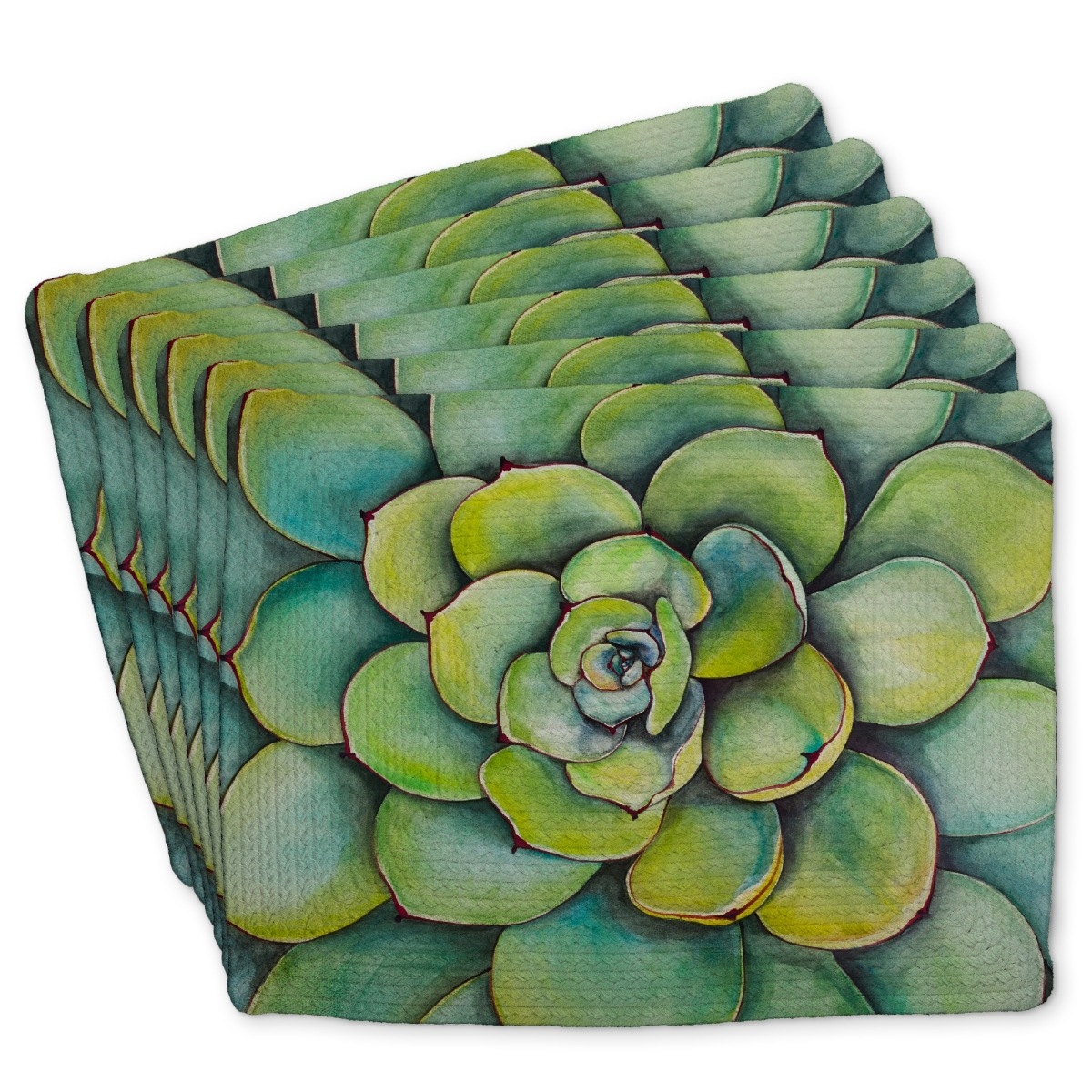 Picture of Begin Home Decor C6BP1418HVF8C9 14 x 18 in. Watercolor Succulent Plant Braided Polyester Placemat - Home Decor - Set of 6