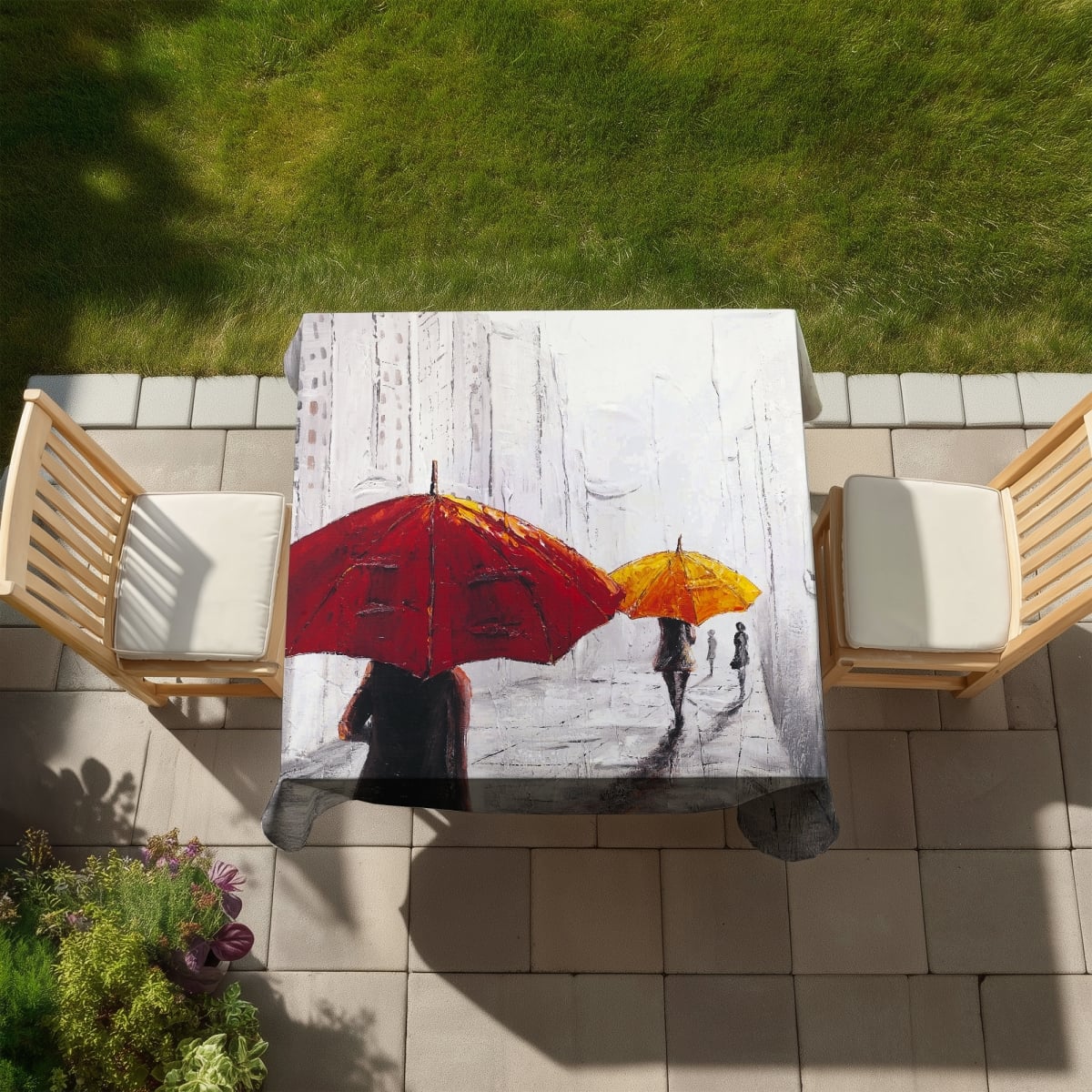Picture of Begin Home Decor C1TC5858XFWO8H 58 x 58 in. Passersby with Umbrellas Tablecloth - Scenic Indoor Outdoor Decor