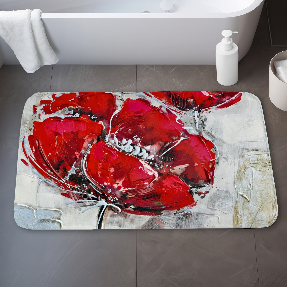 C1BM2134RDULZH 21 x 34 in. Abstract Texturized Red Flowers Gray Romantic Bath Mat - Decor