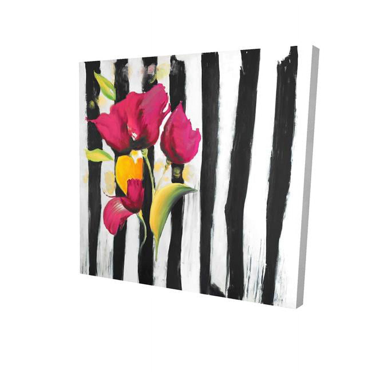 16 x 16 in. Pink Flowers on Black Stripes-Print on Canvas