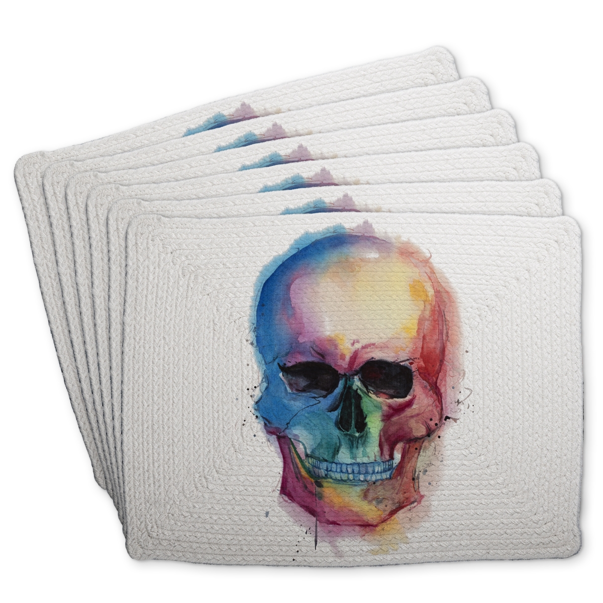 Picture of Begin Home Decor C6BP1418W68546 14 x 18 in. Watercolor Colorful Skull Braided Polyester Placemat - Home Decor - Set of 6