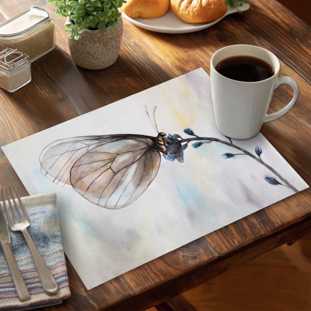 Picture of Begin Home Decor C6PP1418RWIHUF 14 x 18 in. Butterfly on Blue Flowers Polyester Placemat - Home Decor - Set of 6