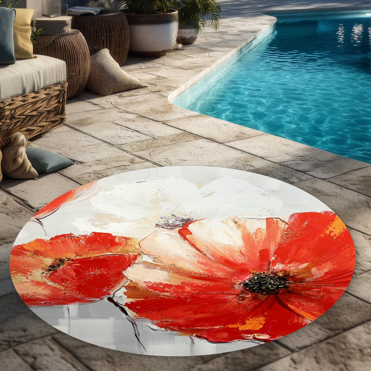 C1COAR55T4ZMG0 5 x 5 ft. Abstract Red Wild Flowers Rug - Floral Round Outdoor Decor