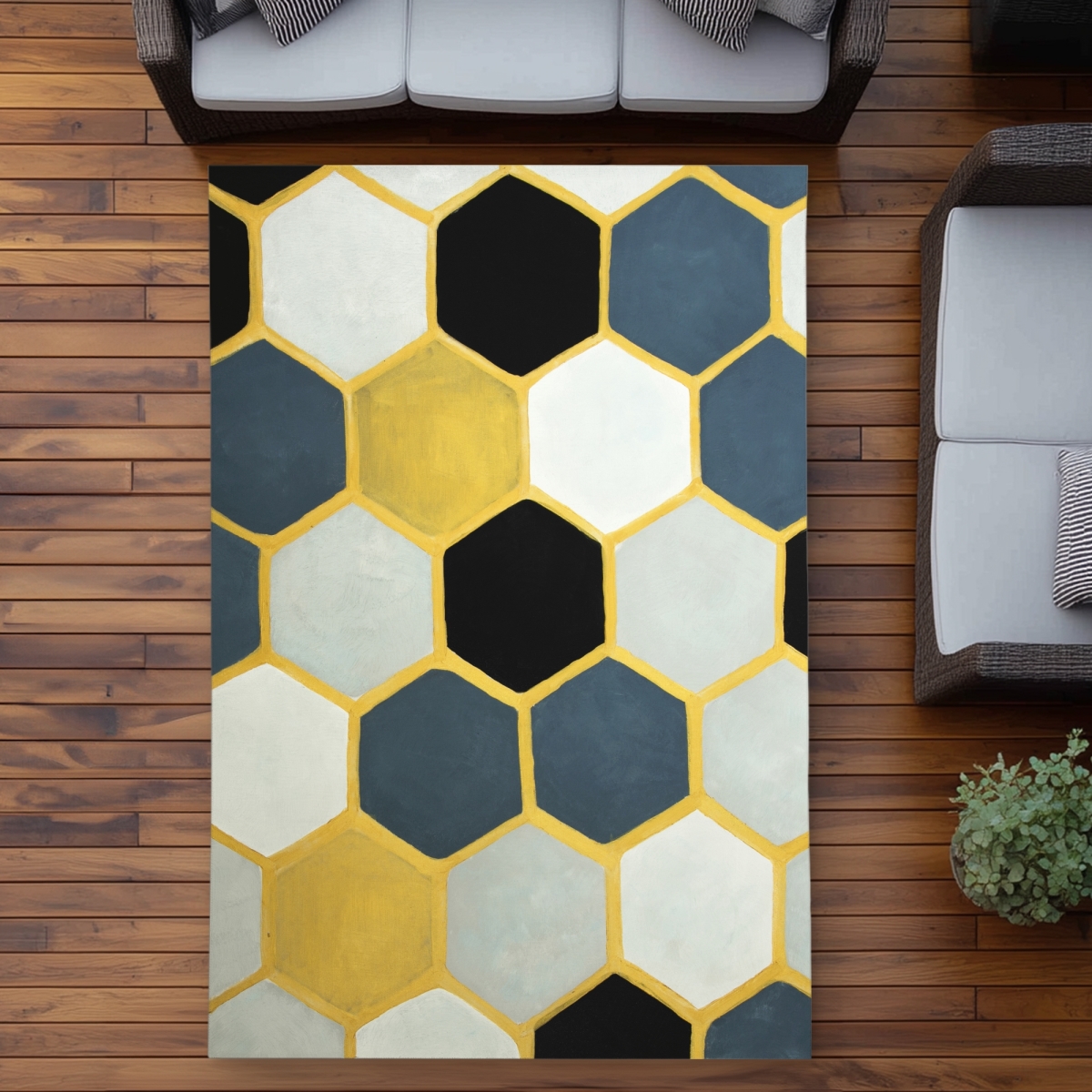 C1ROAR57UQQF99 5 x 7 ft. Blue Cells Gold Shapes Outdoor Area Rug for Home Decor - Rectangle
