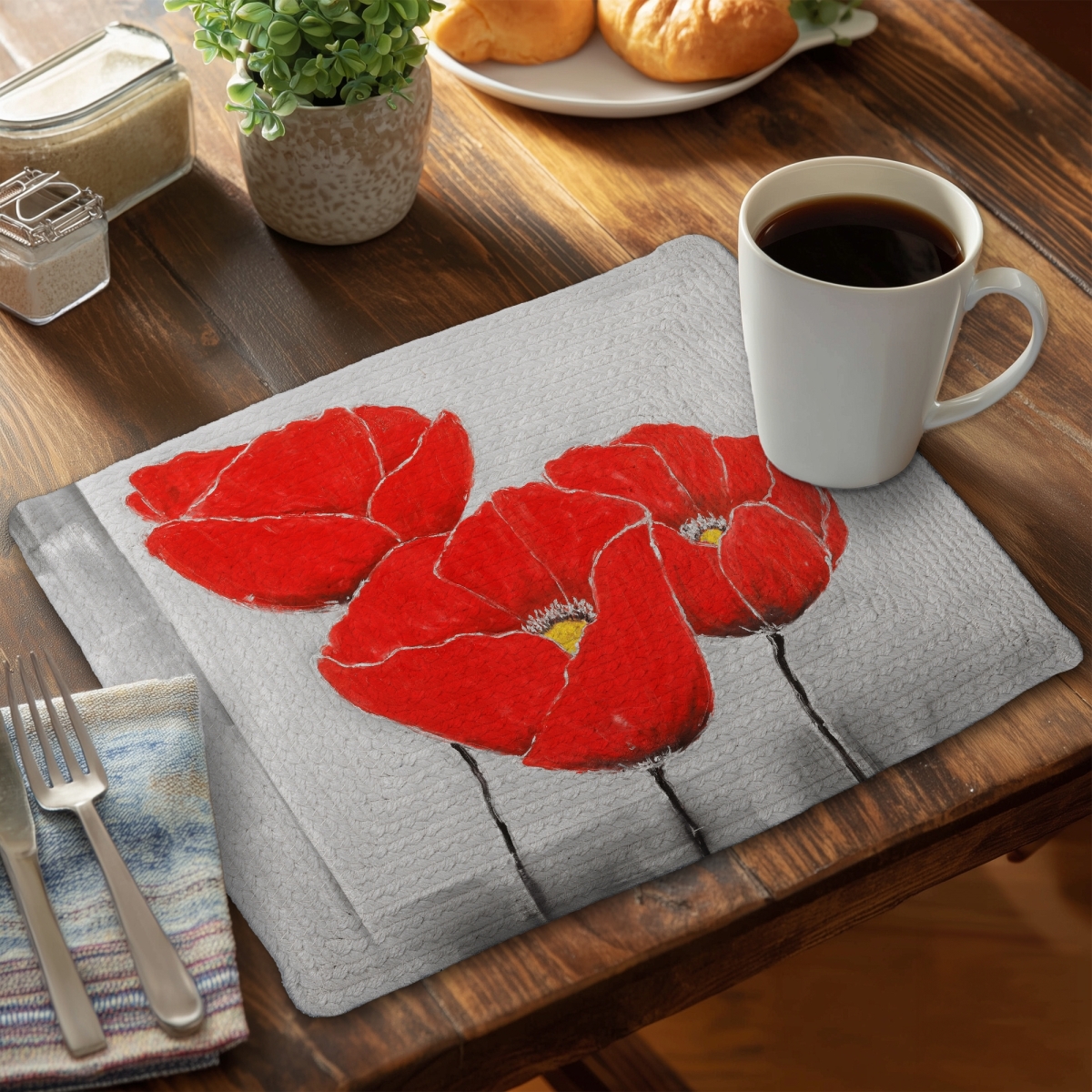 Picture of Begin Home Decor C6BP1418I6O9RT 14 x 18 in. Three Poppies Braided Polyester Placemat - Home Decor Essentials - Set of 6