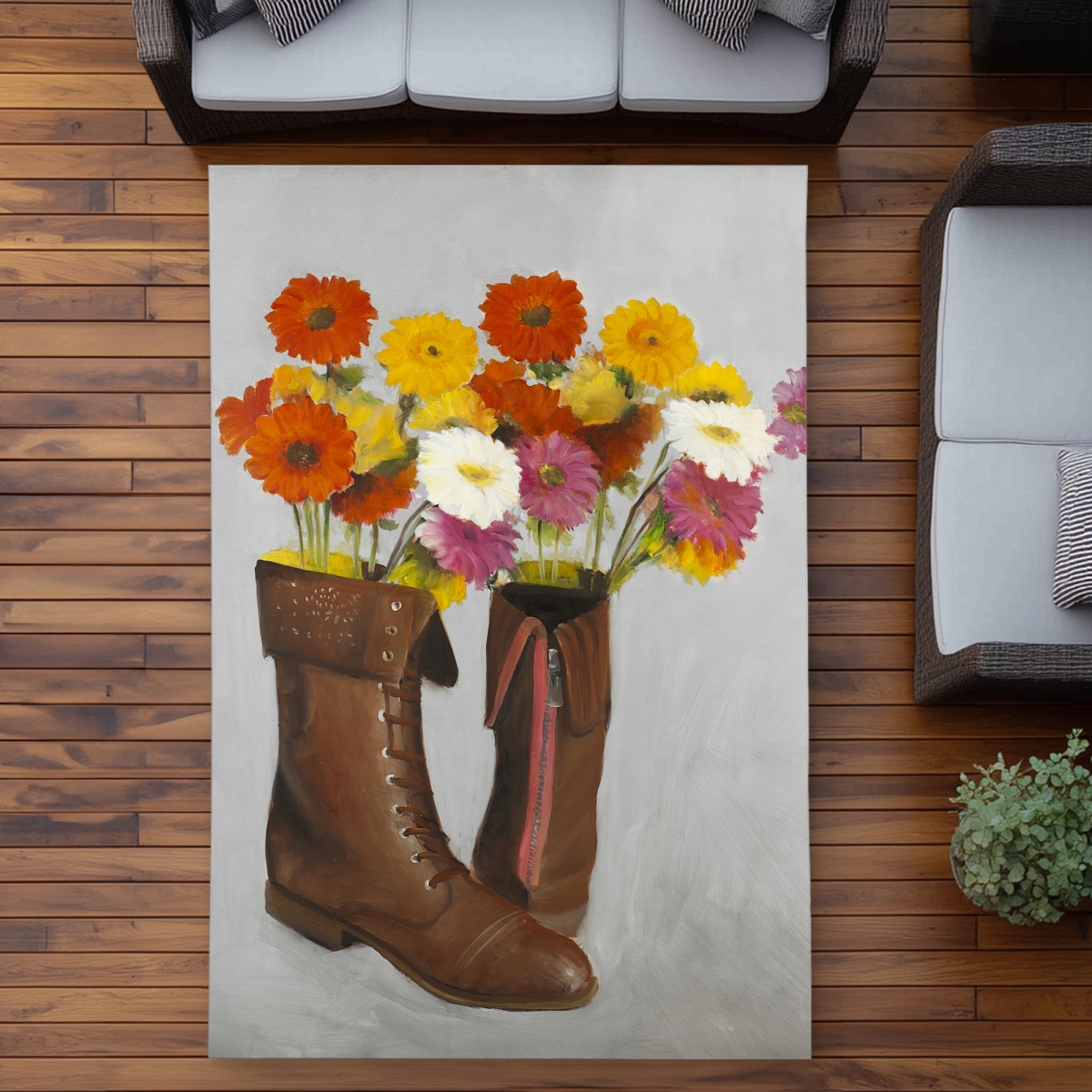 C1ROAR573PXSJF 5 x 7 ft. Boots with Daisies Flowers - Floral Outdoor Area Rug for Home Decor - Rectangle