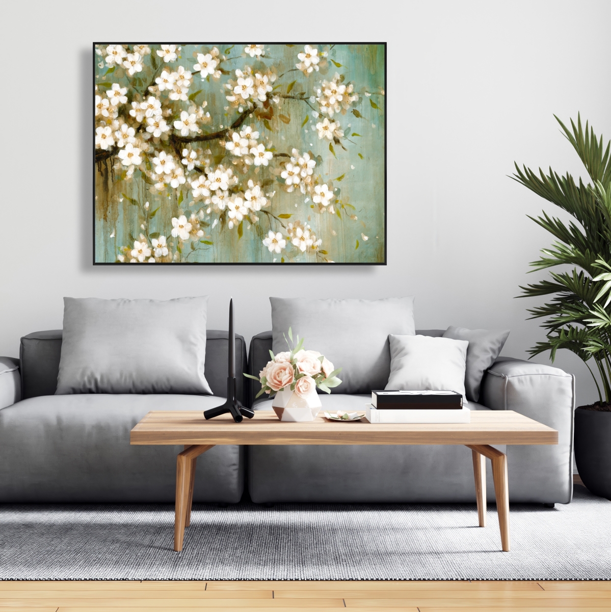 C1FC36482AWATN 36 x 48 in. White Cherry Blossom - Botanical Floral Framed Canvas Art