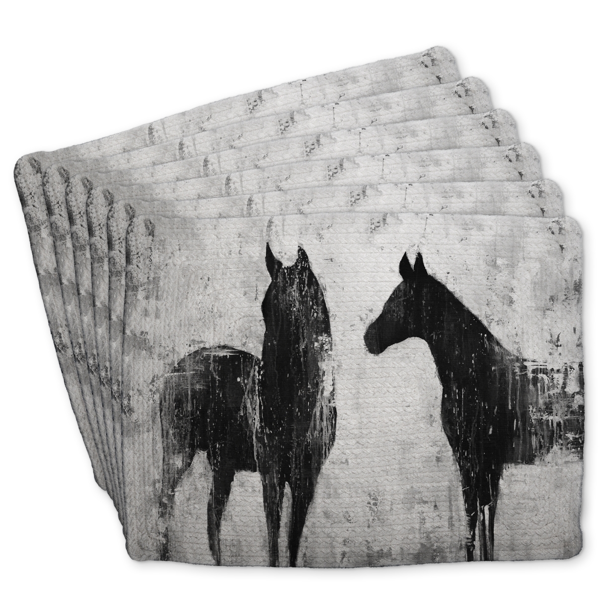 Picture of Begin Home Decor C6BP1418SDSVXY 14 x 18 in. Black & White Horses Braided Polyester Placemat - Home Decor - Set of 6