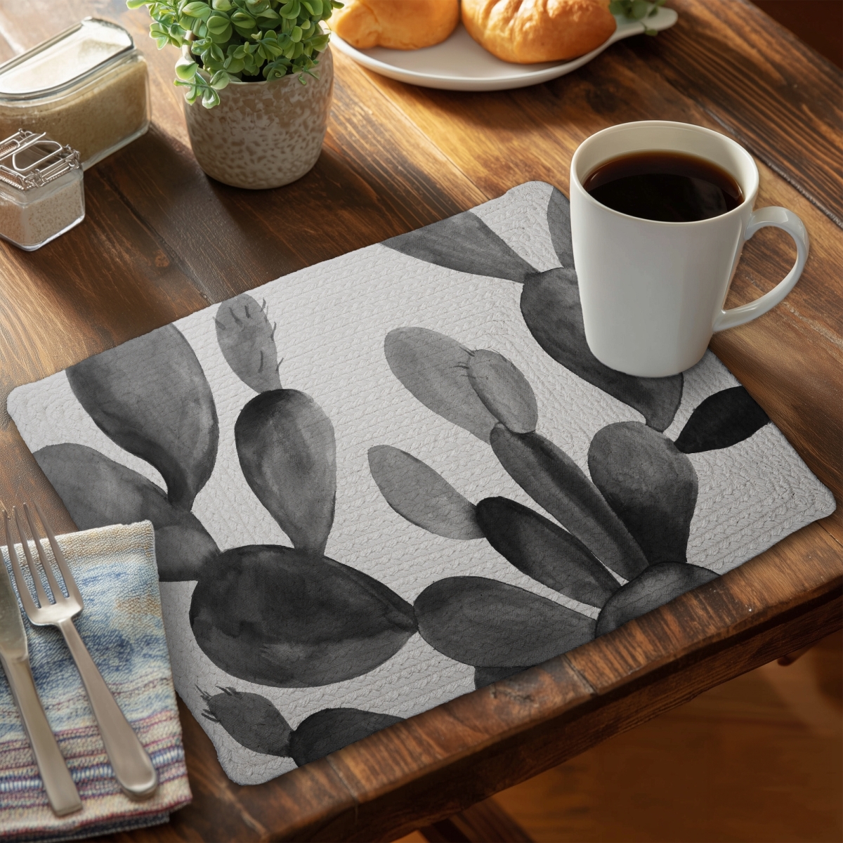 Picture of Begin Home Decor C6BP1418IMAAD4 14 x 18 in. Grayscale Cactus - Braided Polyester Placemat for Home Decor - Set of 6