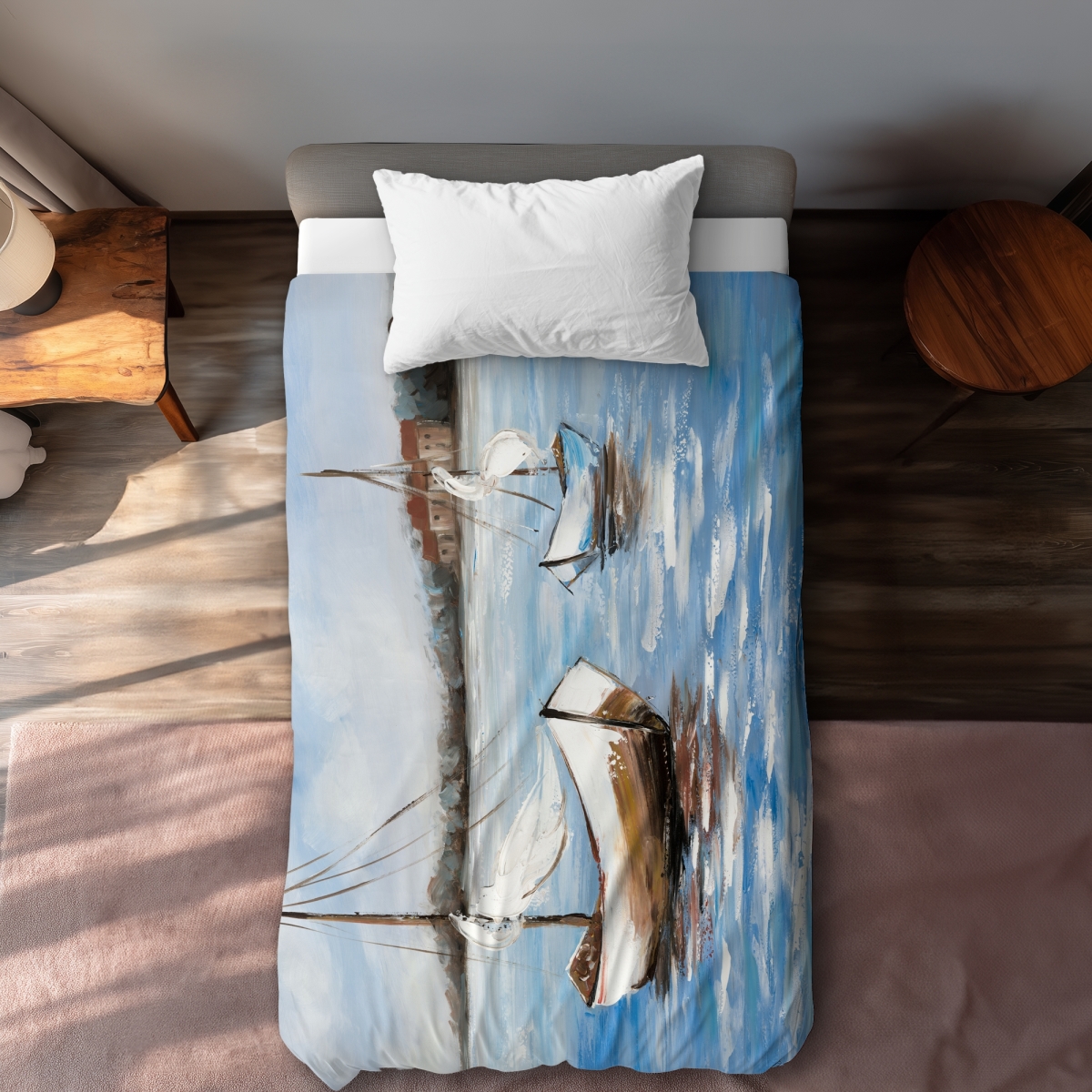 C1DCTXLWZDGWEU Twin Extra Long Two Boats on the Water White Contemporary Duvet Cover - Home Decor