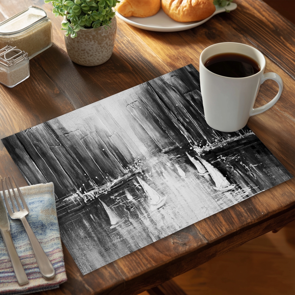 Picture of Begin Home Decor C6PP1418G9DNS4 14 x 18 in. Grayscale Boats on the Water Polyester Placemat - Home Decor - Set of 6