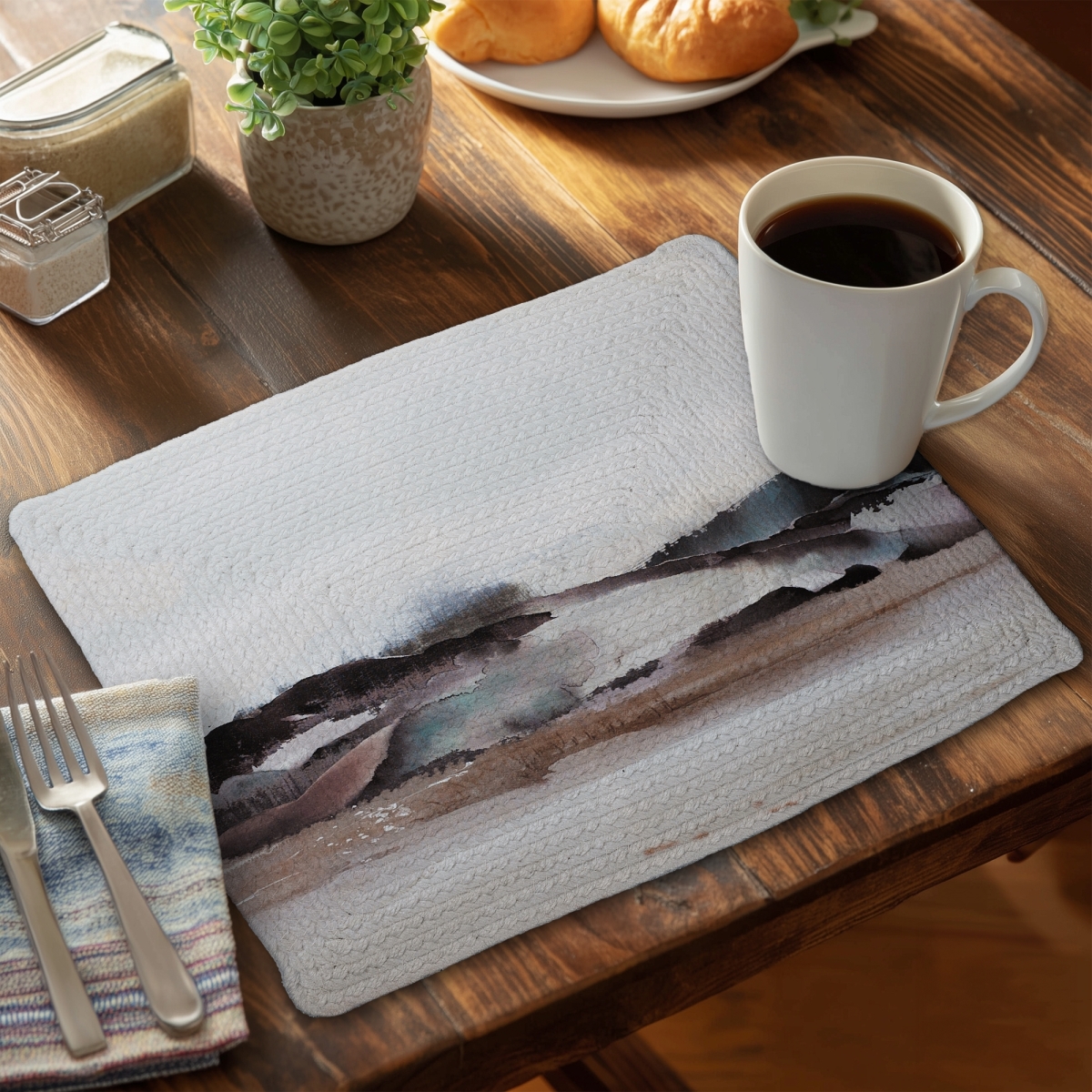 Picture of Begin Home Decor C6BP141808YY1W 14 x 18 in. Watercolor Mountains Braided Polyester Placemat - Home Decor - Set of 6