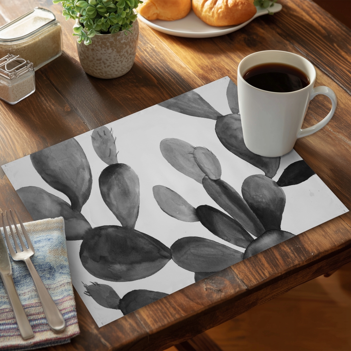Picture of Begin Home Decor C6PP1418K7J9UU 14 x 18 in. Grayscale Cactus Polyester Placemat - Stylish Home Decor - Set of 6