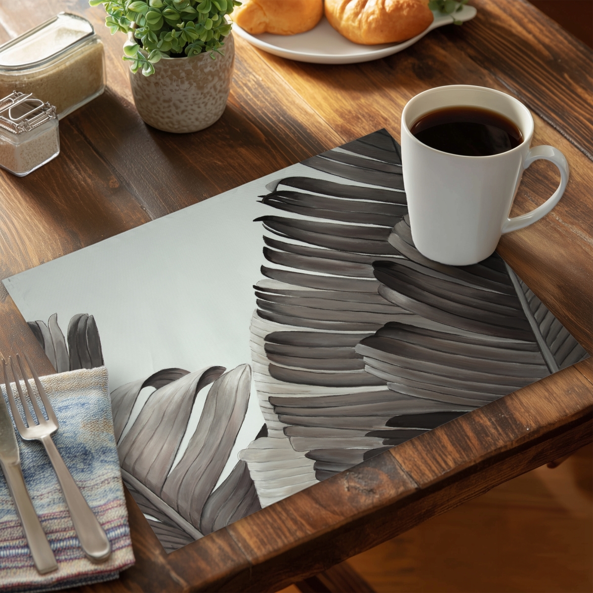 Picture of Begin Home Decor C4PP1418C7K60M 14 x 18 in. Grayscale Tropical Leaves Polyester Placemat - Home Decor - Set of 4