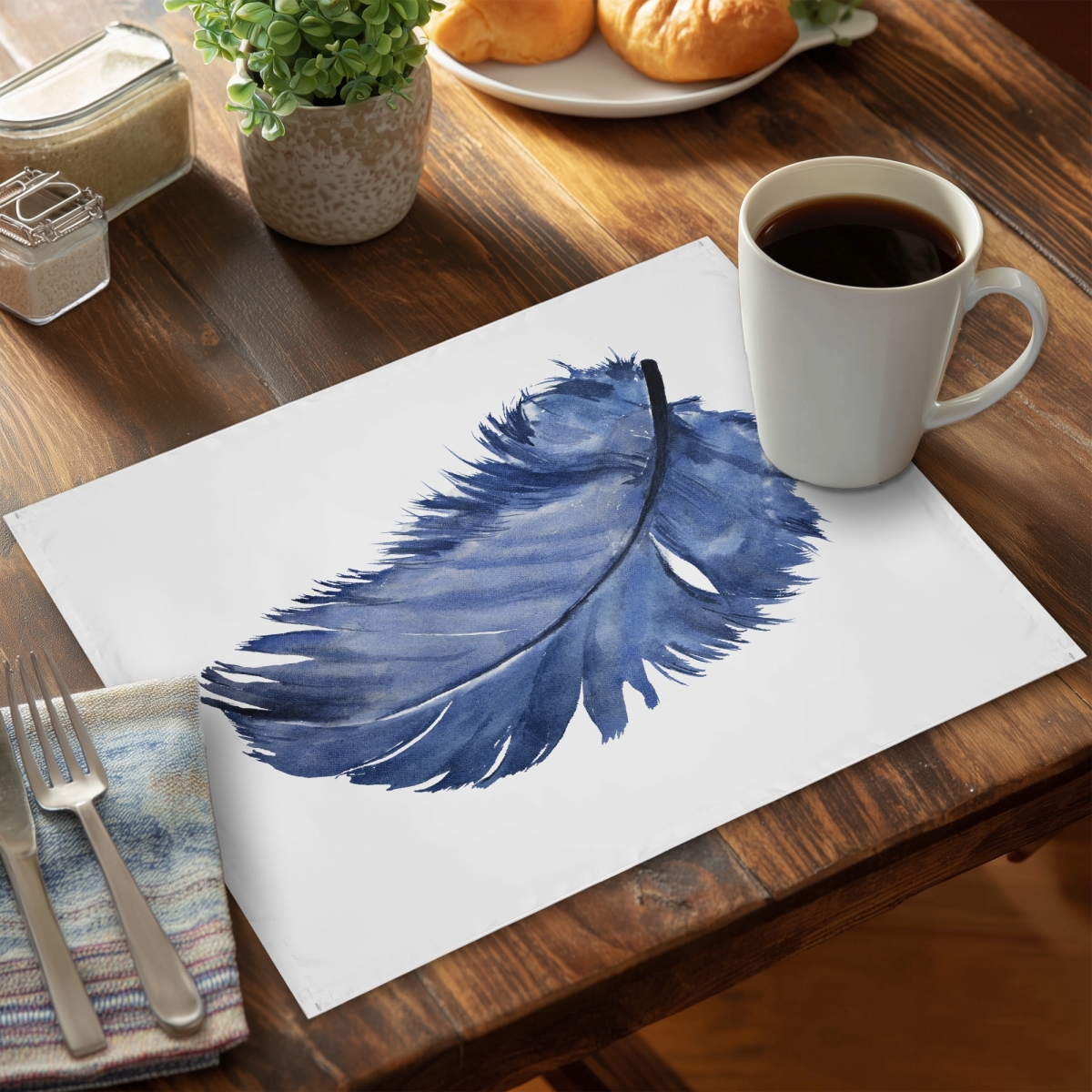 Picture of Begin Home Decor C4PP1418AMMDQH 14 x 18 in. Watercolor Blue Feather Polyester Placemat for Home Decor - Set of 4