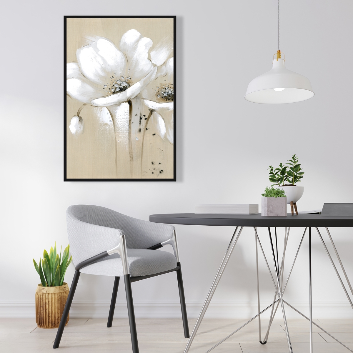 C1FC2436MMUHC4 24 x 36 in. White Abstract Wild Flowers - Beige Botanical Framed Canvas