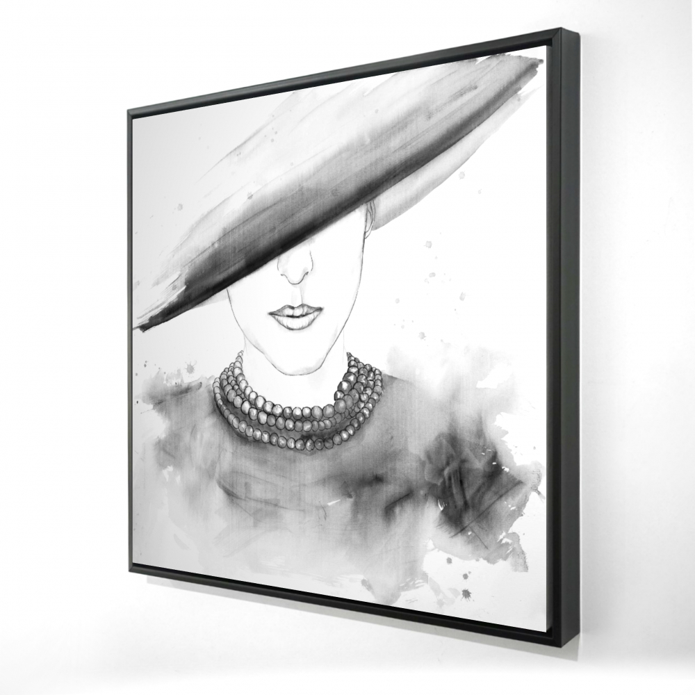 2081-3636-FI69 36 x 36 in. Mysterious Lady with Hat - Fashion Office Framed Canvas Decor