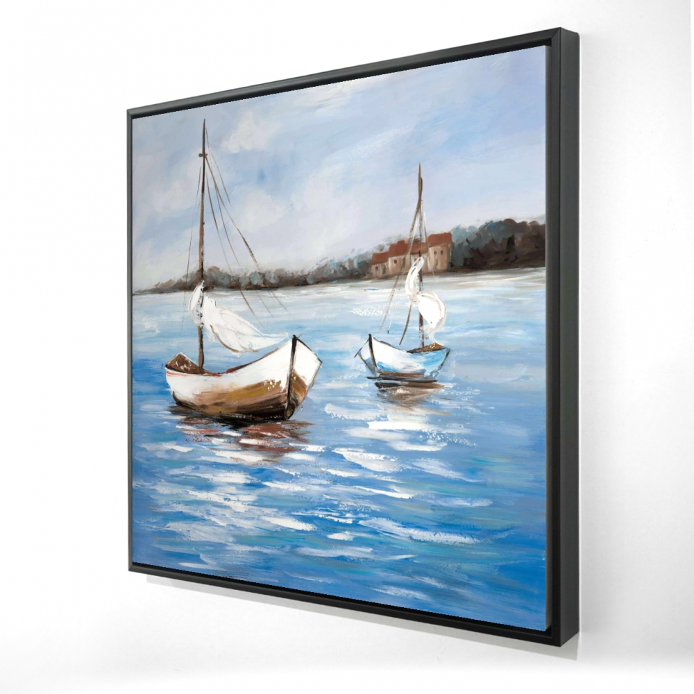2081-3636-CO1 36 x 36 in. Two Boats on the Water - Blue Livingroom Framed Canvas Decor