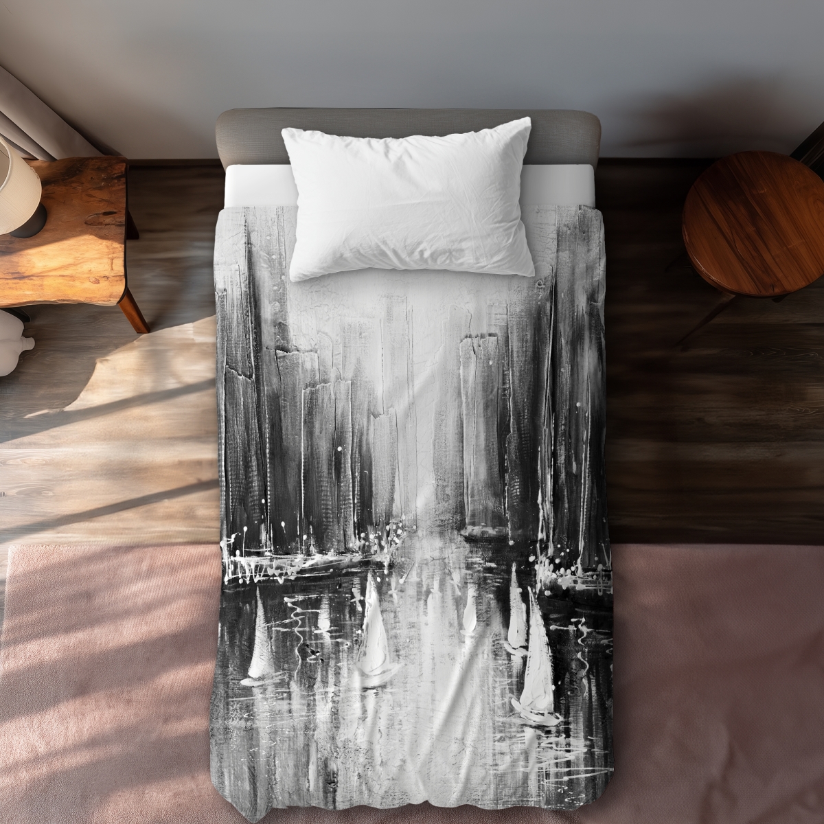 C1DCTXLWJLB7FY Twin Extra Long Grayscale Boats on the Water Duvet Cover - Monochrome Black Decor