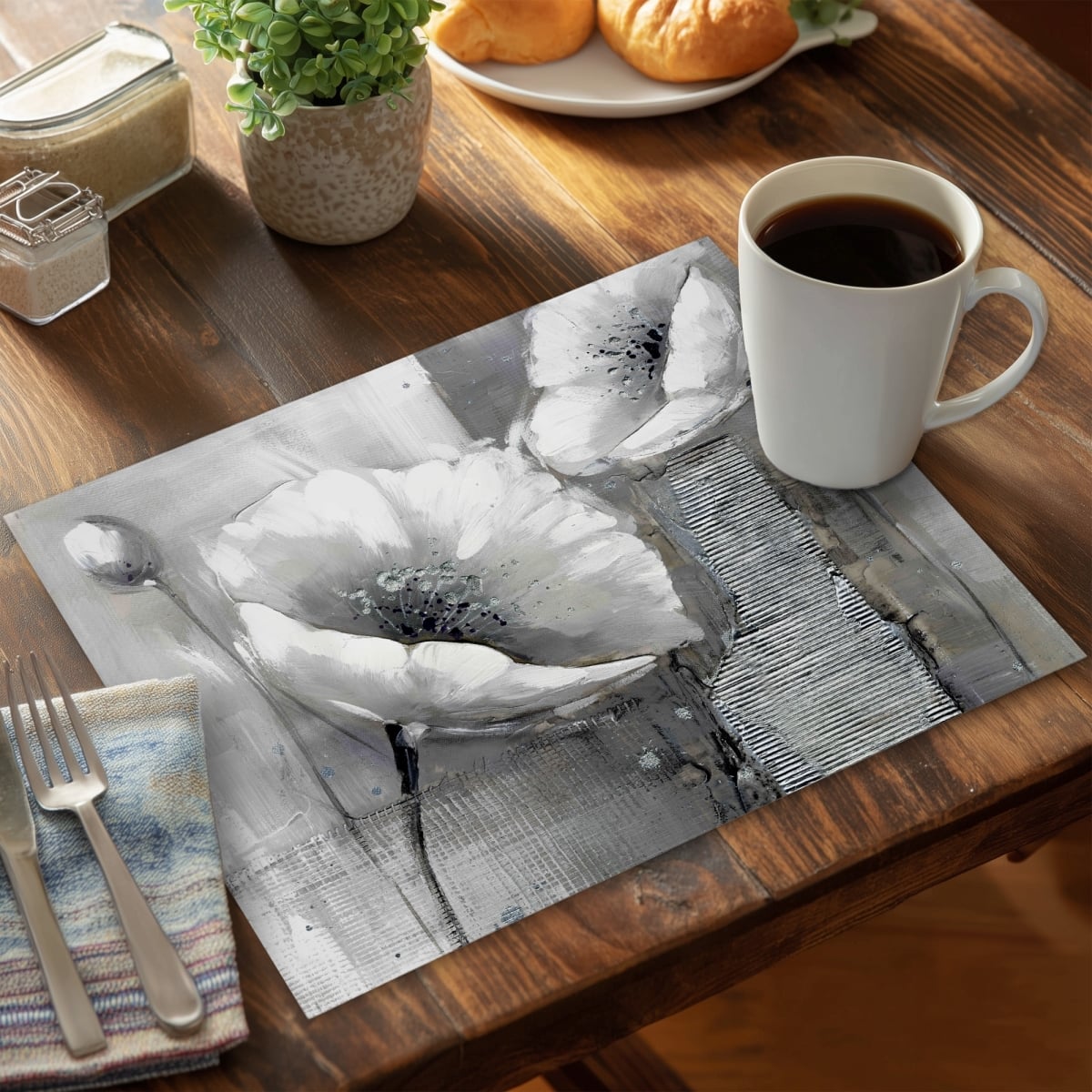 Picture of Begin Home Decor C6PP1418BPLVNI 14 x 18 in. Industrial Monochrome Flowers Polyester Placemat - Home Decor - Set of 6