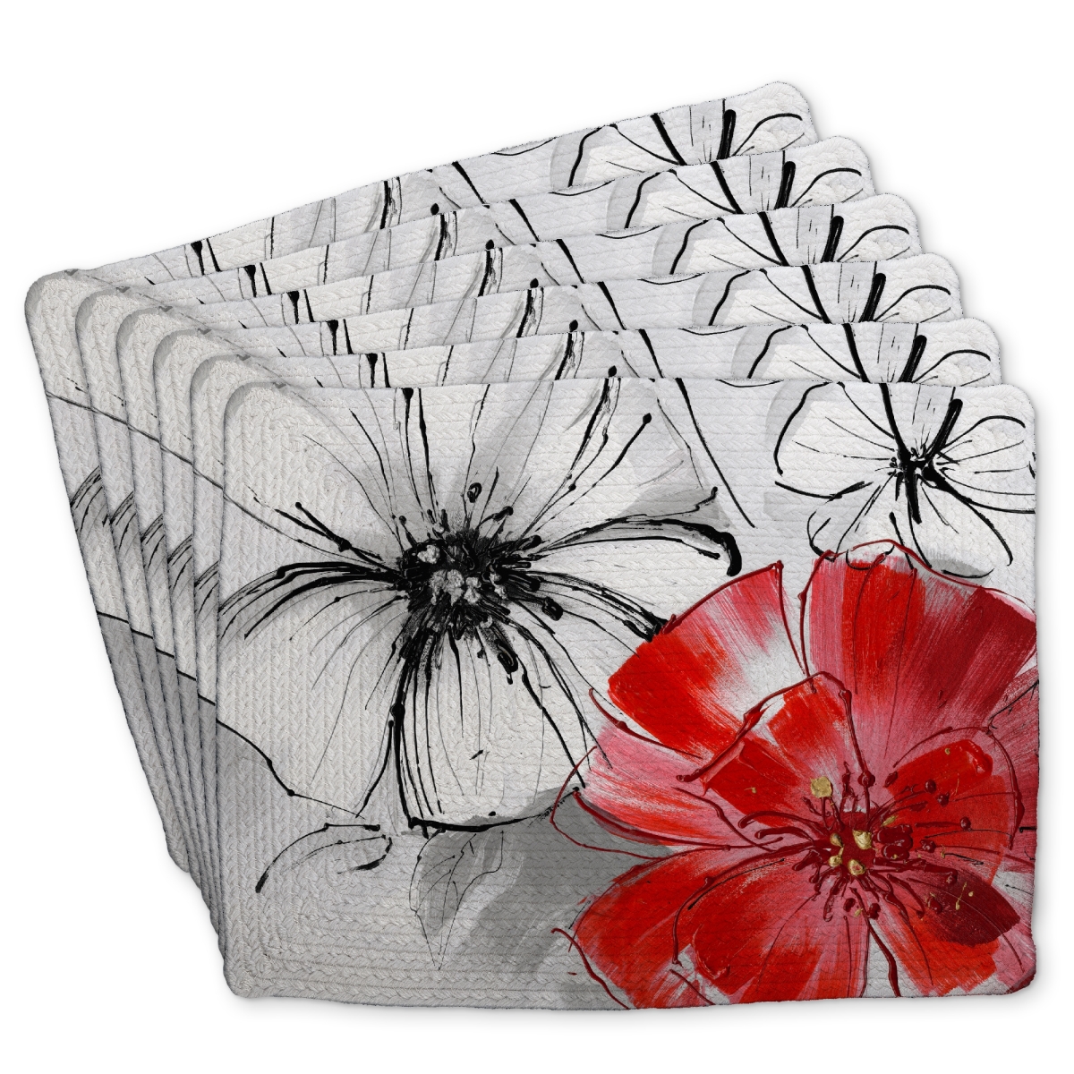 Picture of Begin Home Decor C6BP1418UZ67Y9 14 x 18 in. Red & White Flowers Sketch Braided Polyester Placemat - Home Decor - Set of 6