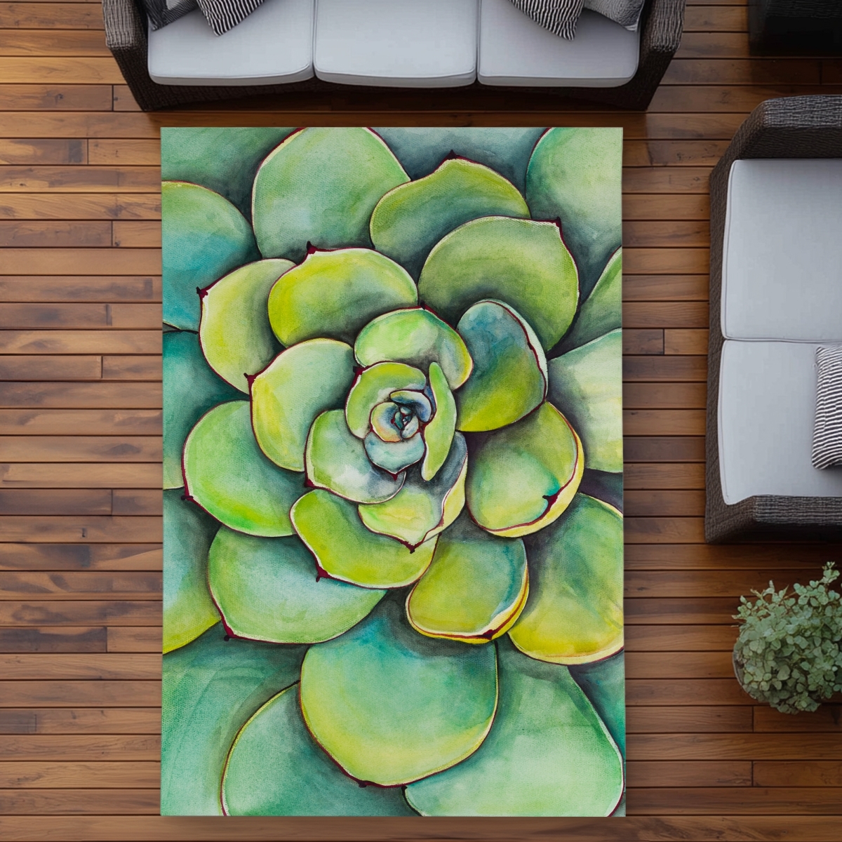 C1ROAR57V9NVE7 5 x 7 ft. Watercolor Succulent Plant Rug - Green Office Outdoor Decor - Rectangle