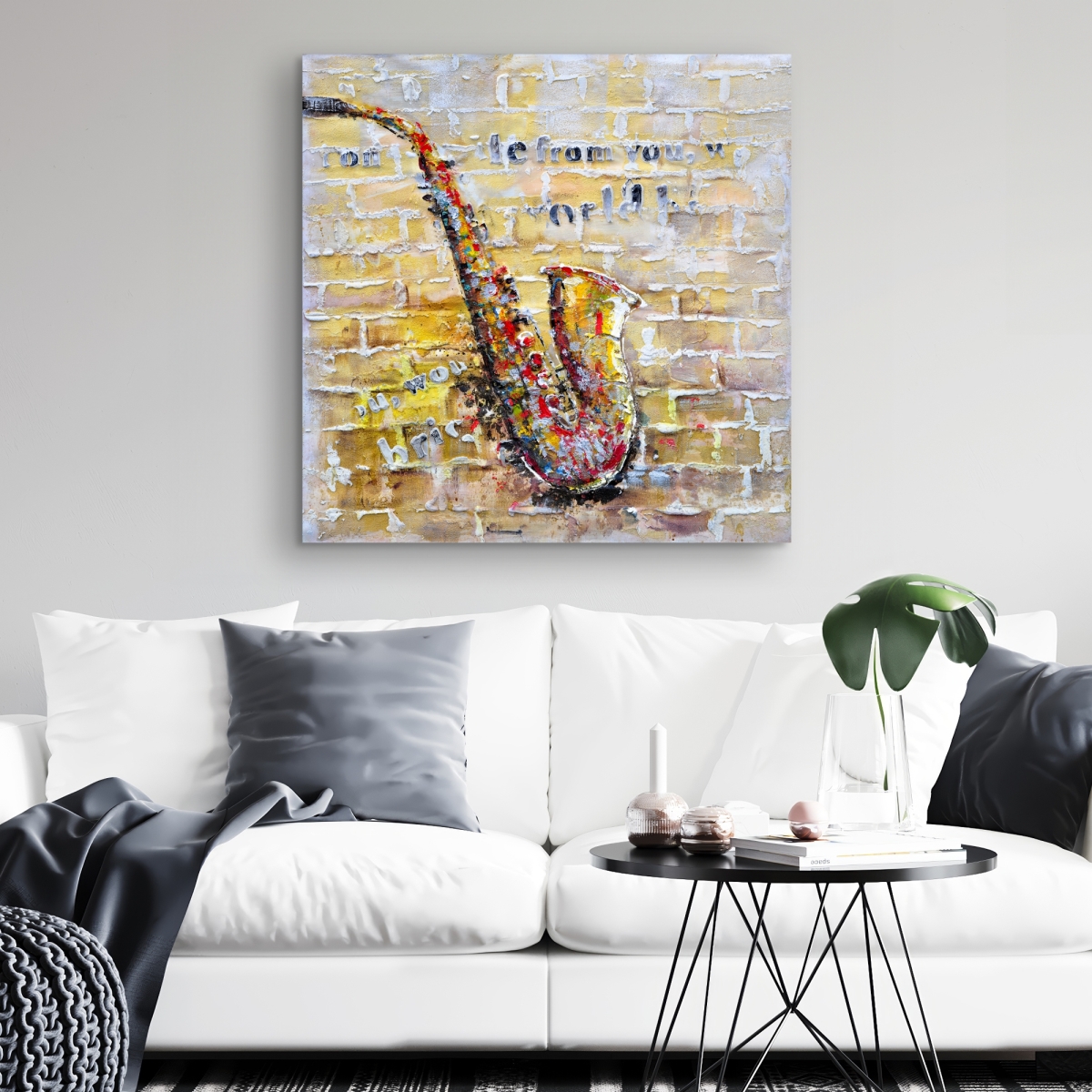 C1RC3232Y5IXPC 32 x 32 in. Saxophone on Brick Wall - Yellow Man Cave Canvas Decor