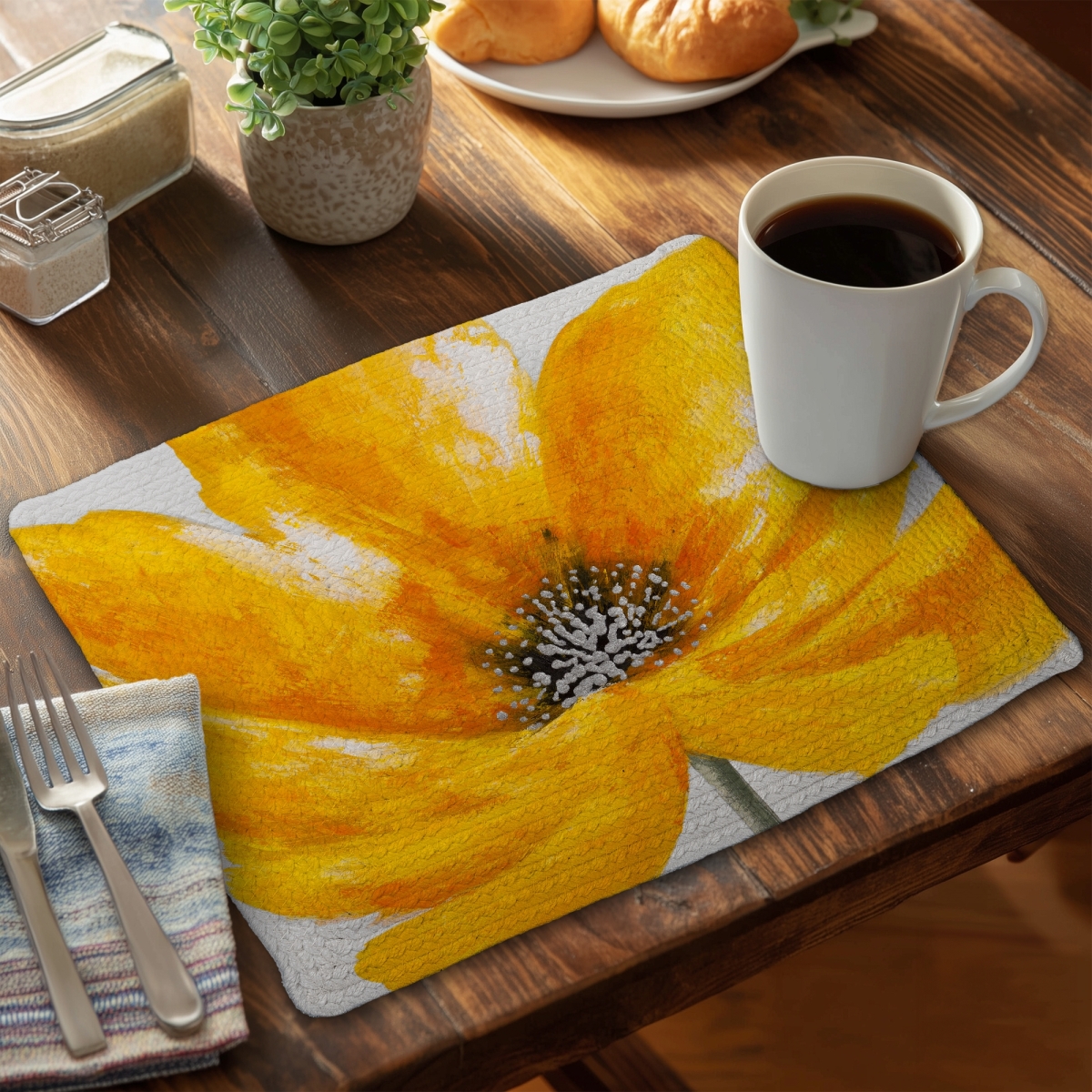 Picture of Begin Home Decor C6BP1418JKSVA3 14 x 18 in. Big Yellow Flower Braided Polyester Placemat for Home Decor - Set of 6