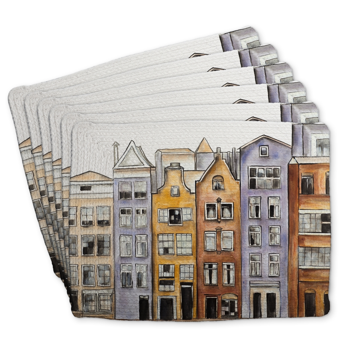 Picture of Begin Home Decor C6BP1418OPTGO7 14 x 18 in. Amsterdam Houses Hotel Braided Polyester Placemat - Home Decor - Set of 6