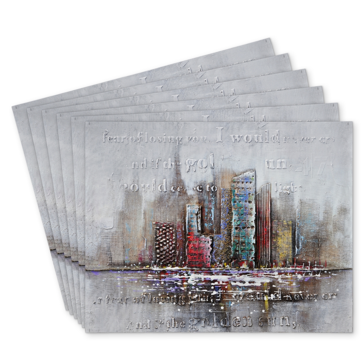 Picture of Begin Home Decor C6PP1418FACO8F 14 x 18 in. Cityscape with Typography in Relief - Polyester Placemat - Home Decor - Set of 6