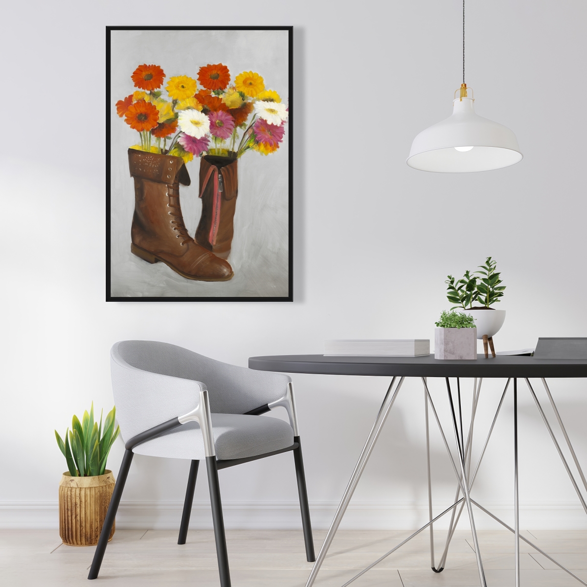 C1FC2436E62OB1 24 x 36 in. Boots with Daisies Flowers - Rustic Still Life Canvas Decor