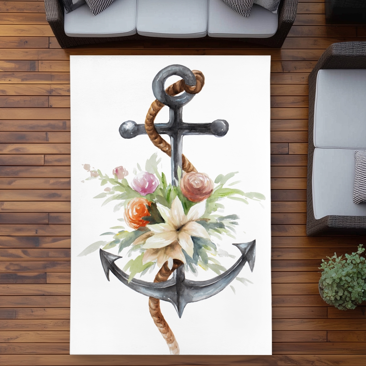 C1ROAR57QA72WV 5 x 7 ft. Anchor with Flowers - Green Bedroom Outdoor Area Rug - Decor - Rectangle