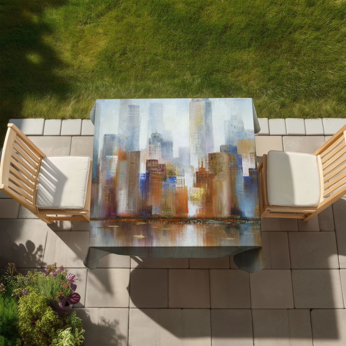 Picture of Begin Home Decor C1TC5858I2RTZI 58 x 58 in. Cityscape in the Fog - Beige Indoor & Outdoor Tablecloth