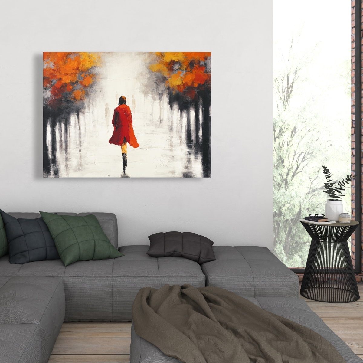 C1RC36481CMWI7 36 x 48 in. Woman with a Red Coat By Fall - Street Scenery Canvas Decor