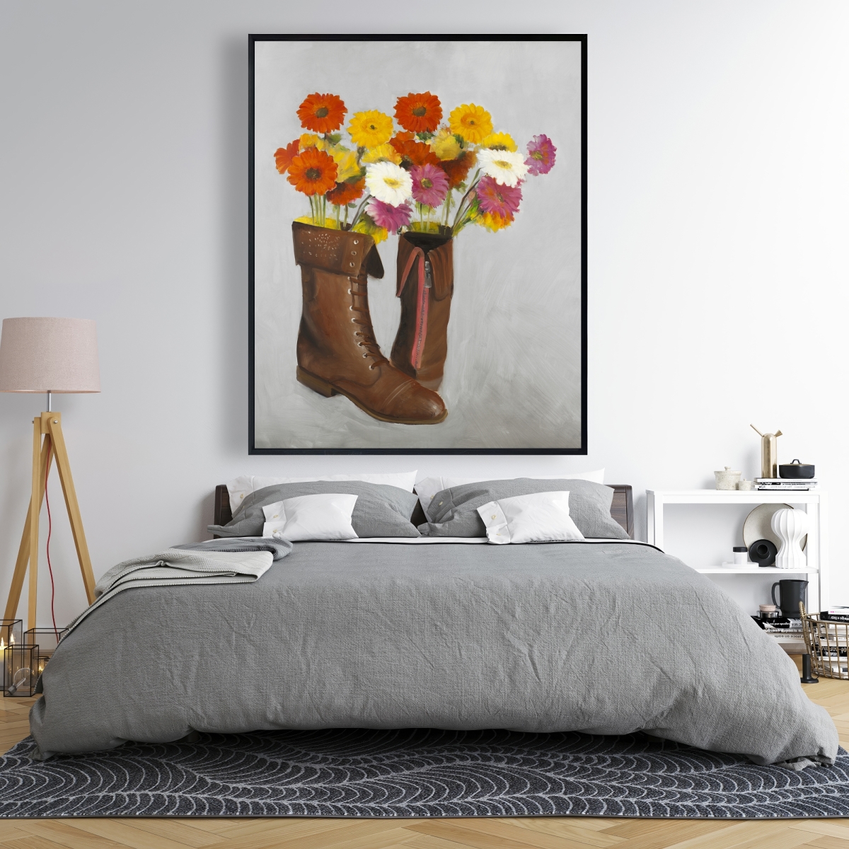 C1FC4860Y7W30E 48 x 60 in. Boots with Daisies Flowers - Rustic Bedroom Canvas Decor