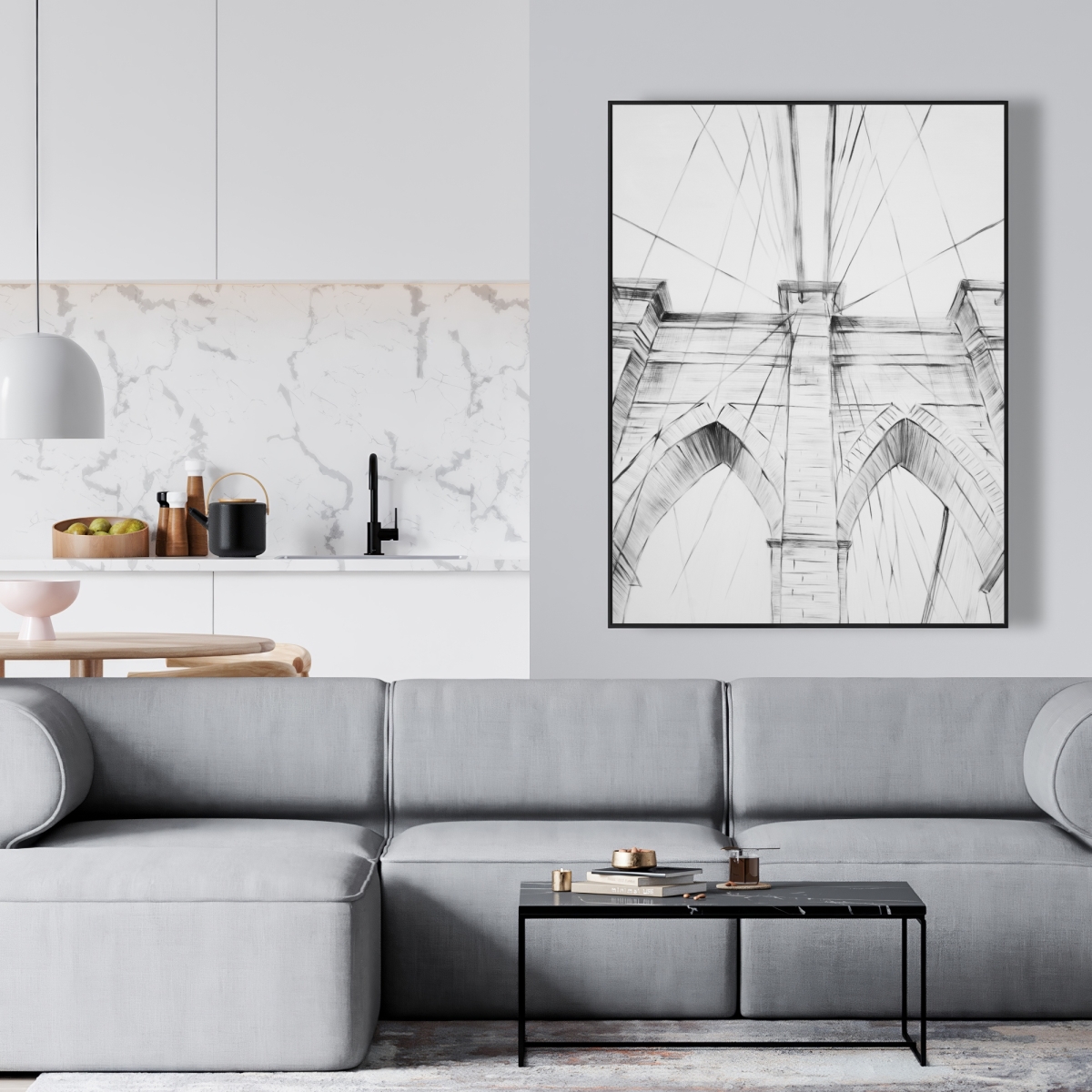 C1FC3648DNR5NH 36 x 48 in. Brooklyn Bridge Sketch - Black & White Framed Canvas Decor