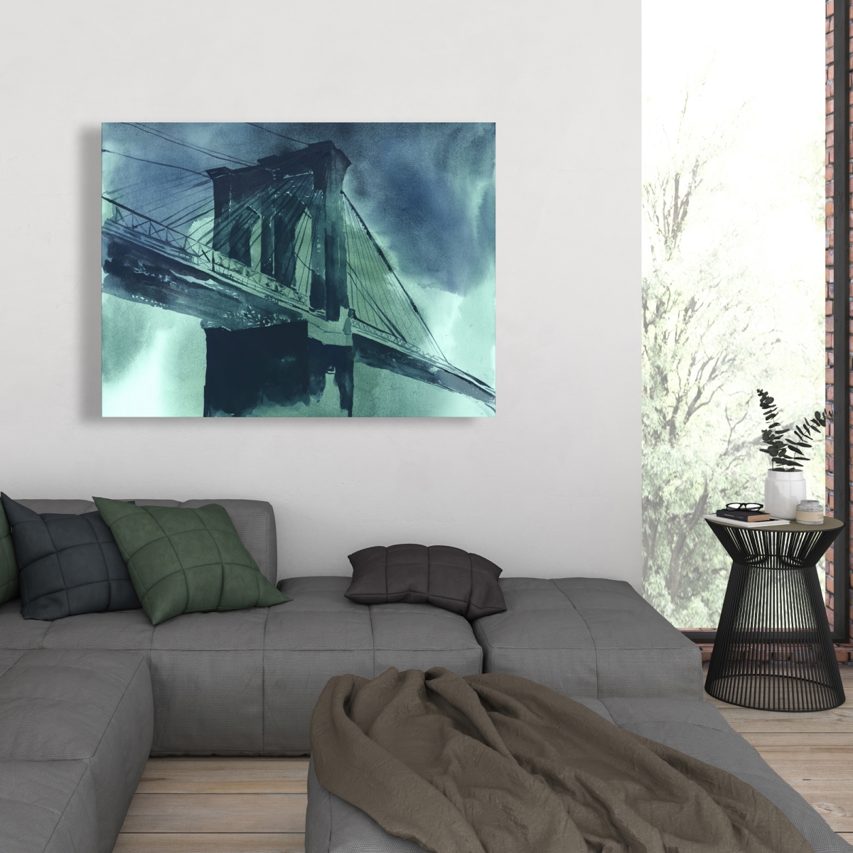 C1RC3648MG3DBC 36 x 48 in. Abstract View of Brooklyn Bridge - Turquoise Canvas Art Decor